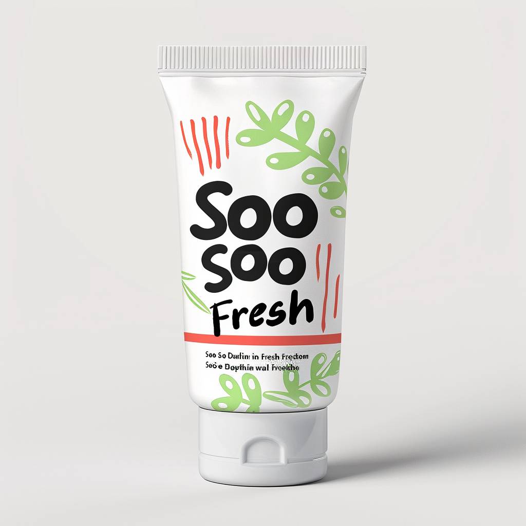 Realistic toothpaste tube mockup created by Rose Wylie, design and print for tube. Text reads 'Soo Soo Fresh'