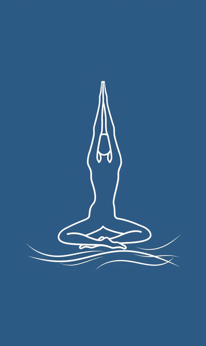 Logo, line drawing of yoga pose, blue background, white space around the outline, simple design