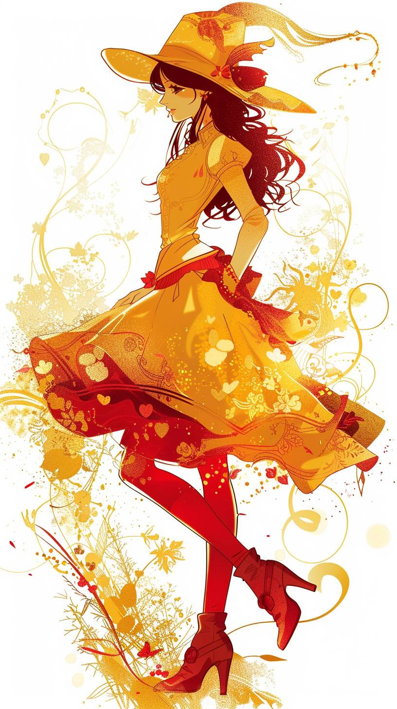 A beautiful anime cartoon character, walking gracefully, wearing a stylish hat, in a fairytale setting, in the style of anime illustration, gold and red, white background