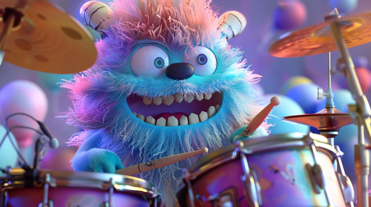 3D cartoon animation of a cute and fluffy monster playing jazz drumset, vivid colors