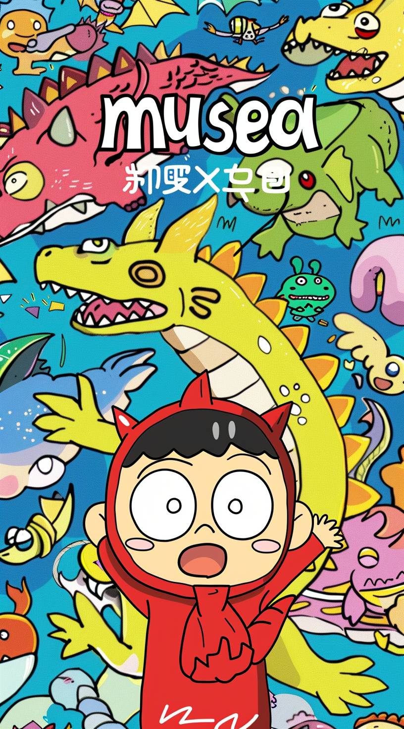 Crayon Shinchan, wearing a red dragon costume with the word "musesai", in the style of a cartoon illustration, with a colorful background, as a simple line drawing, with colorful cartoon characters, using bold lines and solid colors, with high saturation, keeping simple details, with a cartoon cute expression, creating a cute atmosphere, in the style of a cartoon.