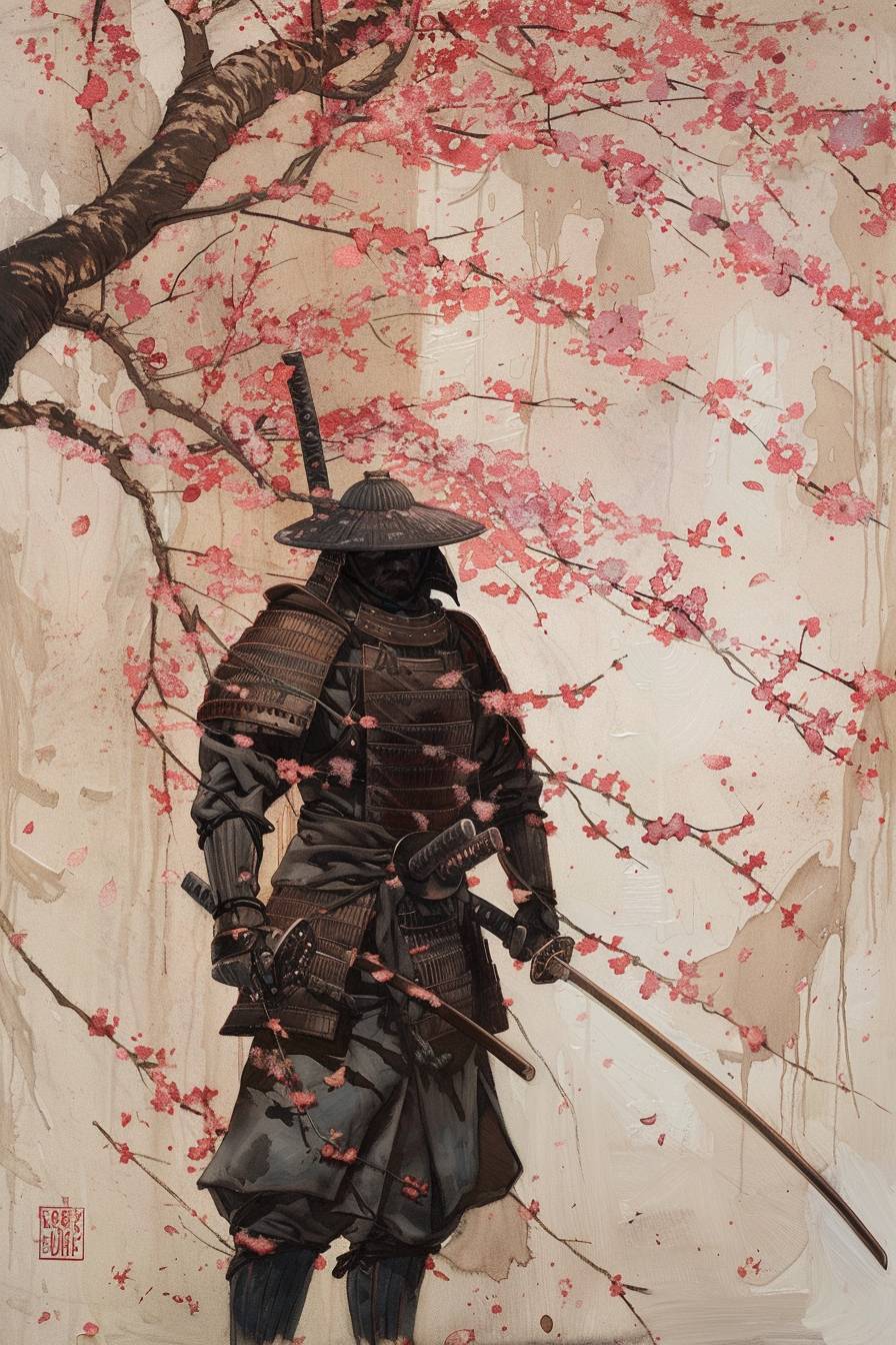 In the style of Andrew Wyeth, a samurai warrior is honing his skills under cherry blossoms