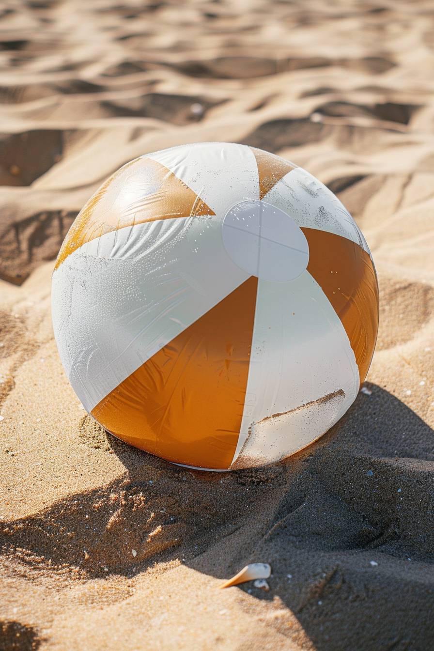 close up of a Light Brown and white inflatable beach ball on the sand, beautiful vacation background Massive scale