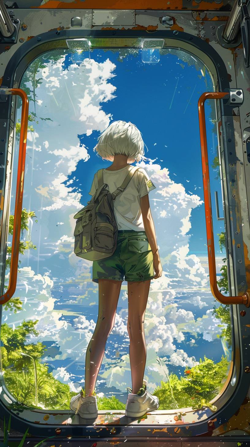 A digital painting of a young girl with short white hair standing inside a modern metro train, looking out a large window. She is wearing a white T-shirt, green shorts, and white sneakers, with a small backpack on her back. The train interior is bathed in sunlight, with a clear blue sky and fluffy white clouds visible, and green grass and trees through the window. The scene captures a peaceful, reflective moment as the girl gazes at the landscape outside. The angle should be from the right side, showing the girl's profile, with a focus on the vibrant colors and detailed environment, in an anime-style illustration, highly detailed, serene atmosphere. --ar 9:16 --style raw --stylize 400 --v 6.0