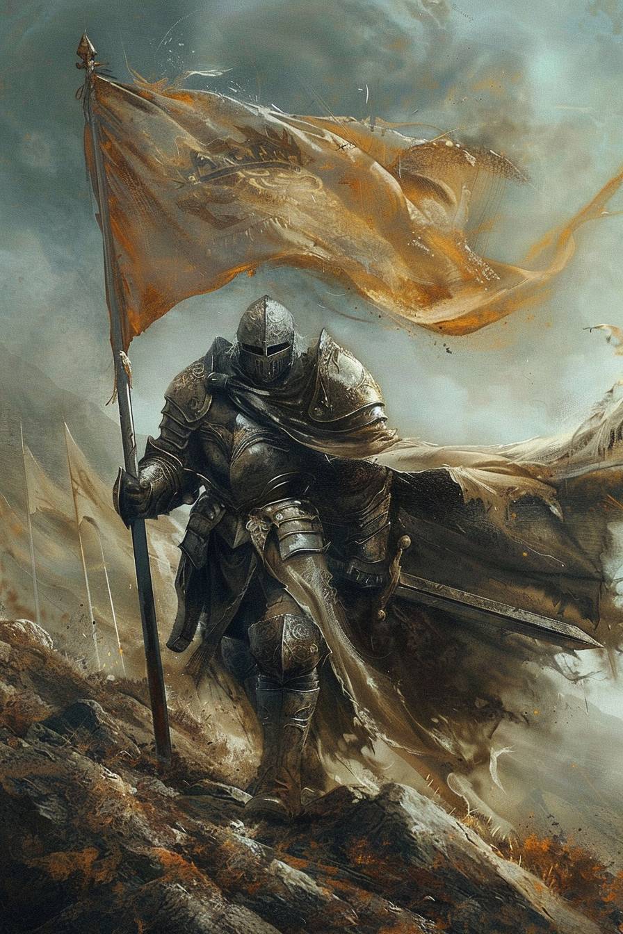 Modern knight warrior with flag and gigantic blade, Frazetta