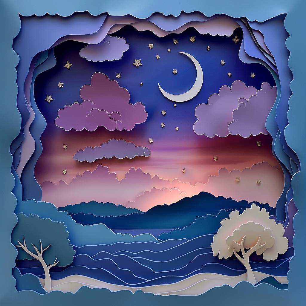 A kirigami of a beautiful night with milky way, starry sky, moon, dreamy wallpaper