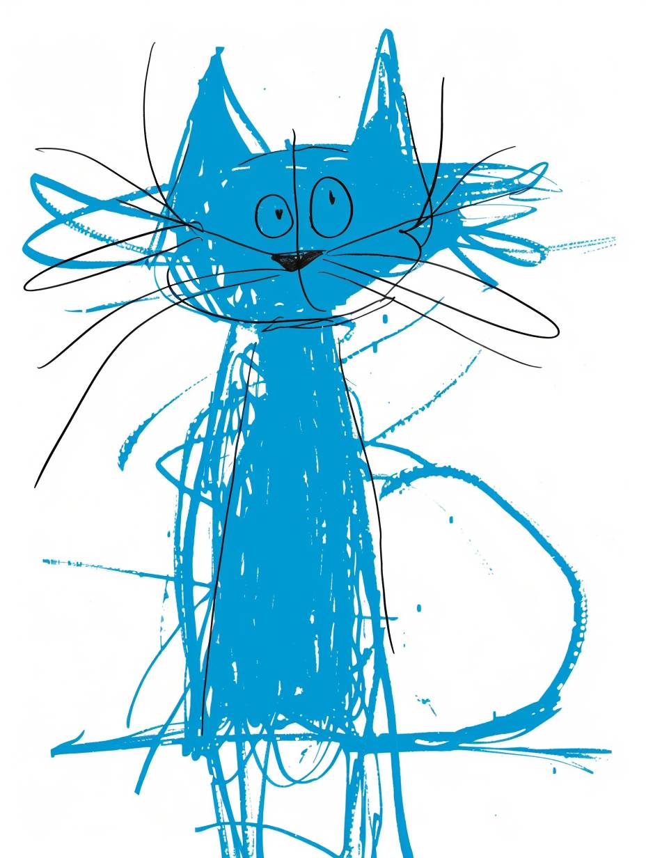 Super minimalist, a cute blue-haired cat drawn with messy scribbles, white background, by Bill Waterson