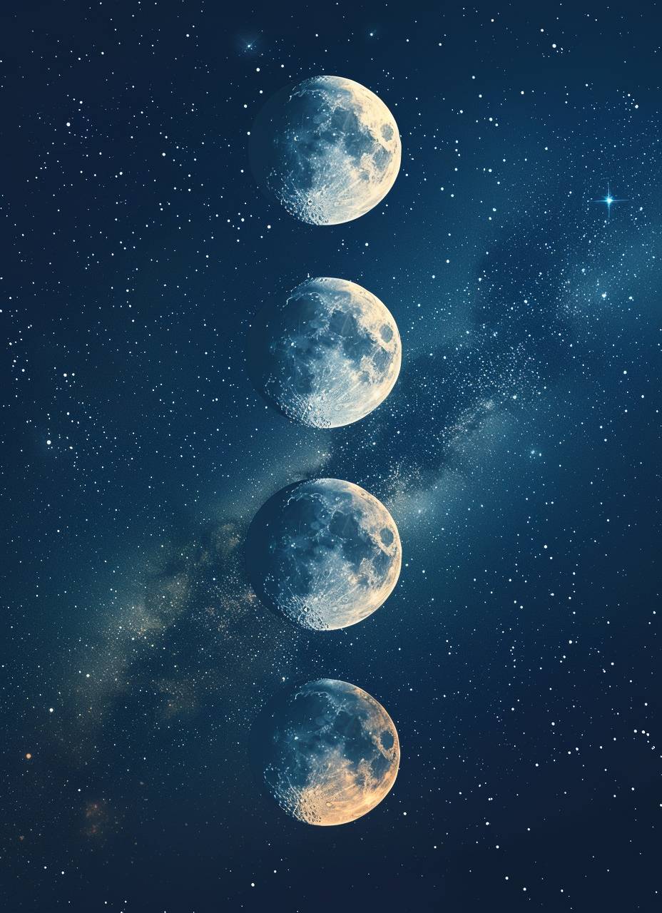 Illustrate a sequence of lunar phases from new to full moon along the top or bottom edge of the design. Render each phase in artistic styles ranging from abstract to realistic, using silver tones against a gradient night sky backdrop.