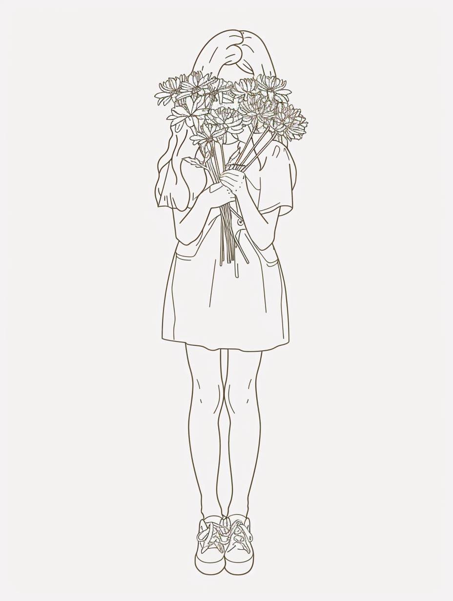 A girl with long legs holding a bunch of flowers, simple line art