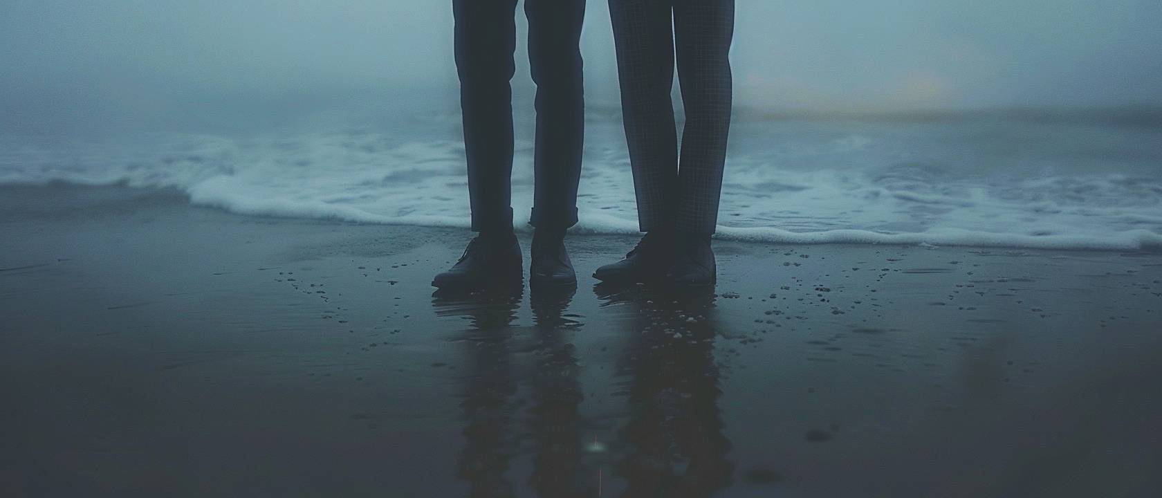 Low-angle shot of two pairs of black leather Oxford shoes worn by Black men, facing each other on the ocean shore, framed by endless horizons. The men are wearing black trousers and neutral brown gridded trousers. The style is raw. Style reference: 1307307896. Stylize: 250. Version: 6.0. Aspect ratio: 7:3.