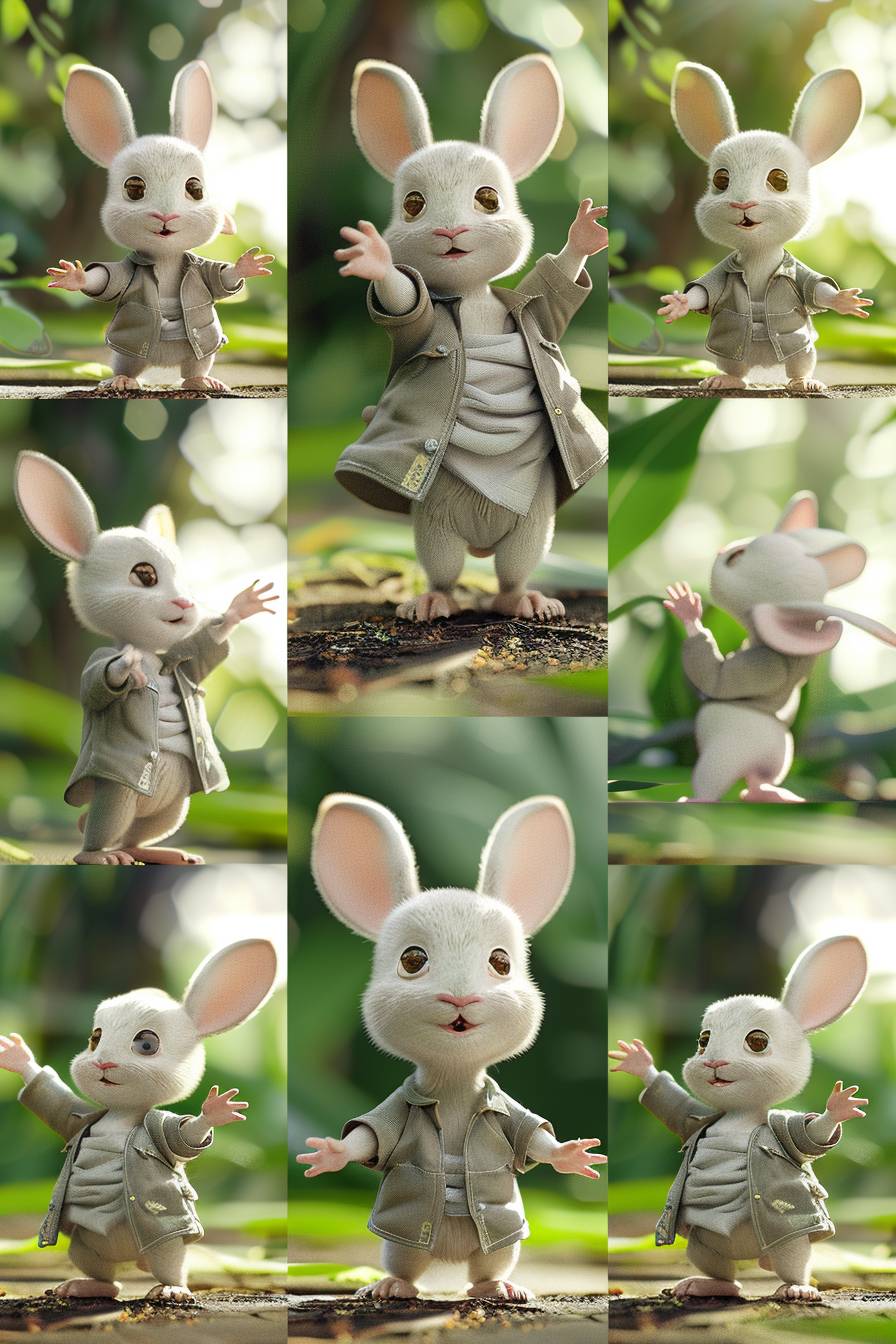 Cartoon 3D image, an anthropomorphic cute little white rabbit wearing clothes, with the background of a jungle, divided into 9 different images, shot from multiple angles, 3D, Unreal Engine