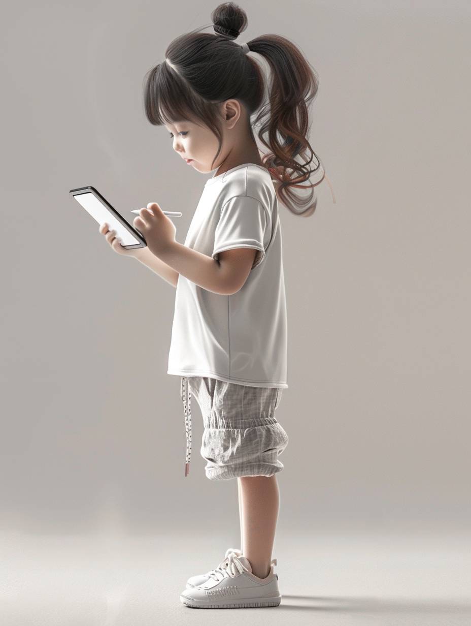 Super cute asia little girl in modern clothes drawing, study English, Wearing white T-sirt and holding an iPad, side view, happy, standing pose, studio lighting, clean background,pixar style,cartoon style,octane render,V-Ray,8K,HD,