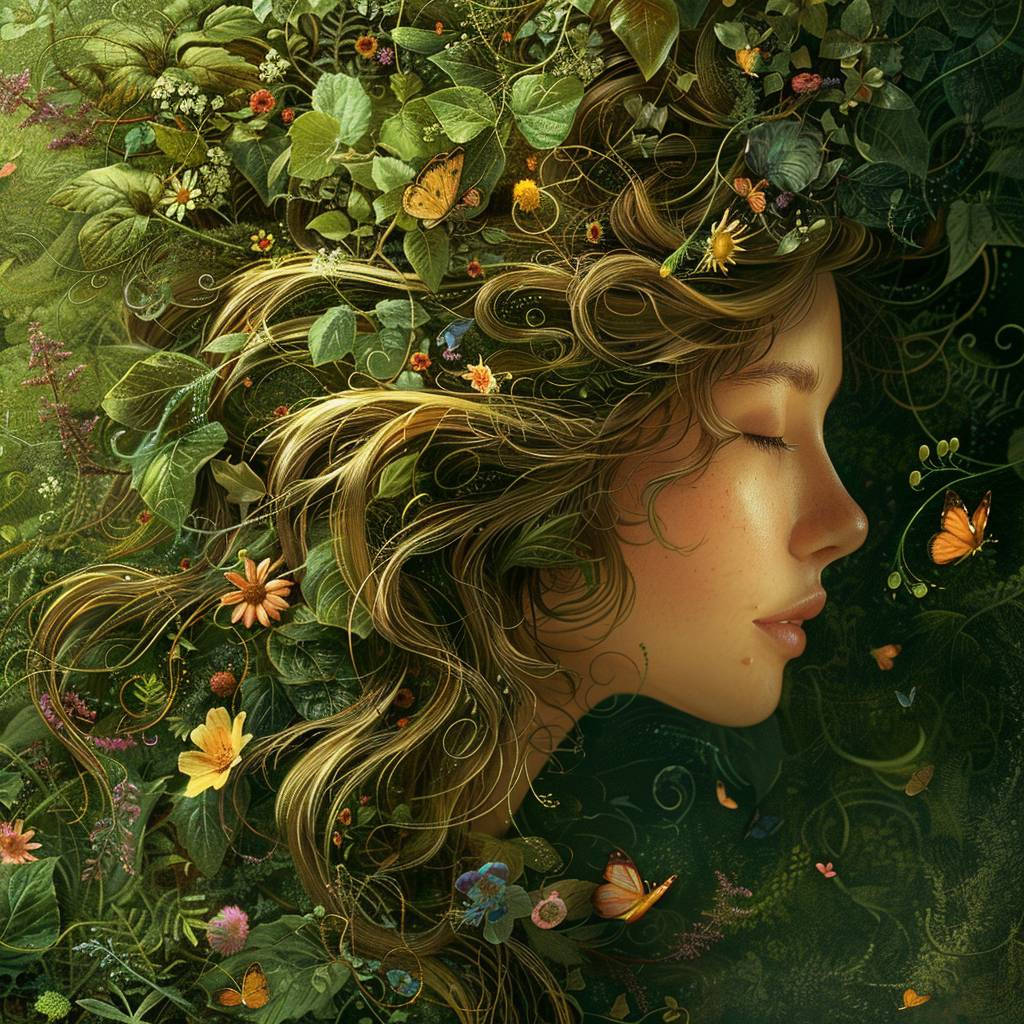 フォレストエレガンス：宁静な表情を浮かべた女性のスタイライズされた肖像をデザインし、彼女の髪は鮮やかな野生の花々と繊細な蝶々が織りなす茂みのように流れます。背景は深い森の緑と柔らかくエレガントな色合いが調和し、彼女の優雅さと自然とのつながりを象徴しています。スタイル=ナチュール-エレガンス融合