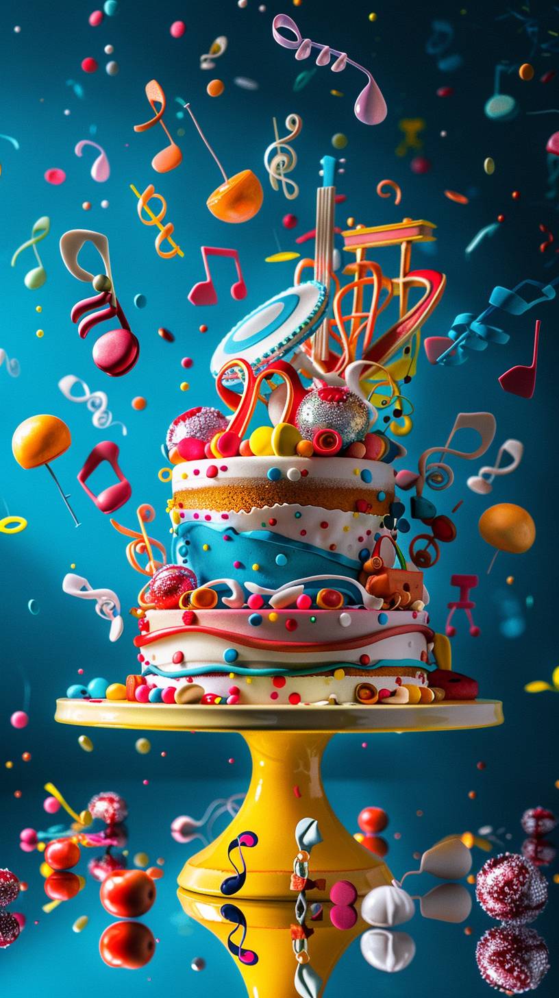 Gourmet Magazine Cover Shot, extreme detail, UHD photography, vibrant colors, elaborately staged food photograph of a modern, extravagant Lambeth cake with three layers. Musically themed Cake with decorative elements representing brightly colored musical instruments. Bright background with musical notes floating in the air.