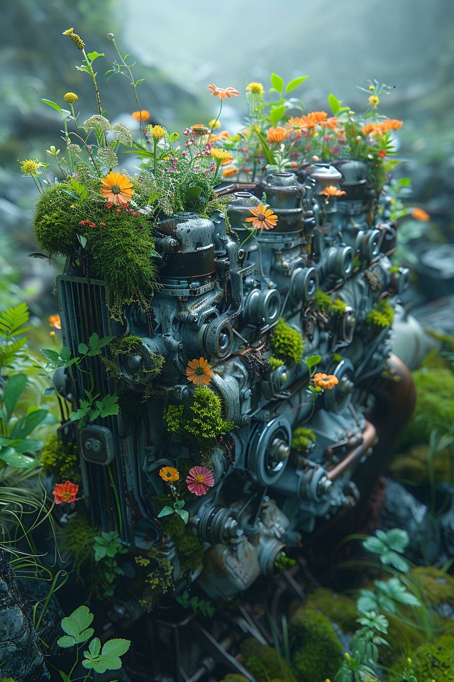 Shiny engine made of aluminum. Engine is filled with moss and flowers, grass sprouting.