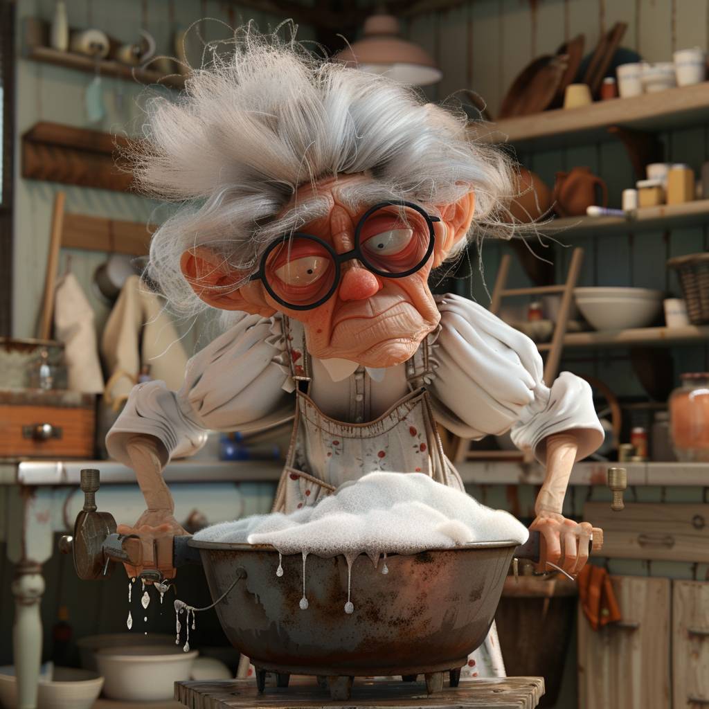 3D illustration with complex and precise lines of a grandmother from the 60s, she has messy grey hair and big glasses, she is wearing a white frilly blouse, a skirt and an apron, in front of her on the old stool is an old washboard made of beech wood and metal in an old zinc tub, she is rubbing an old nightgown on the washboard, around her is some foam dripping from the tub. In the background is an old laundry room
