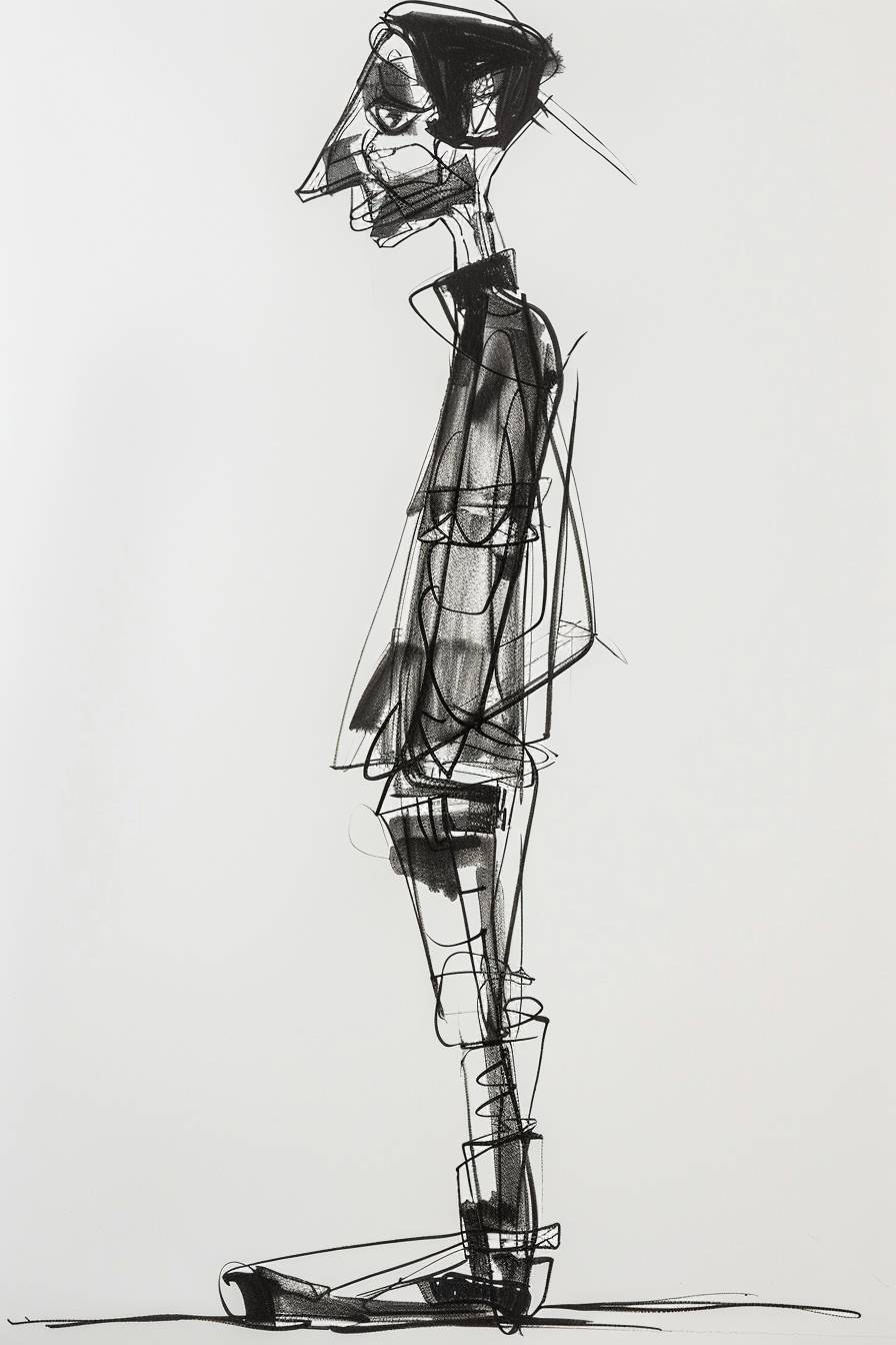 In style of Amy Sillman, character, ink art, side view