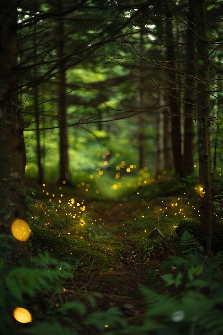 In the style of Harold Edgerton, a mystical forest with glowing fireflies