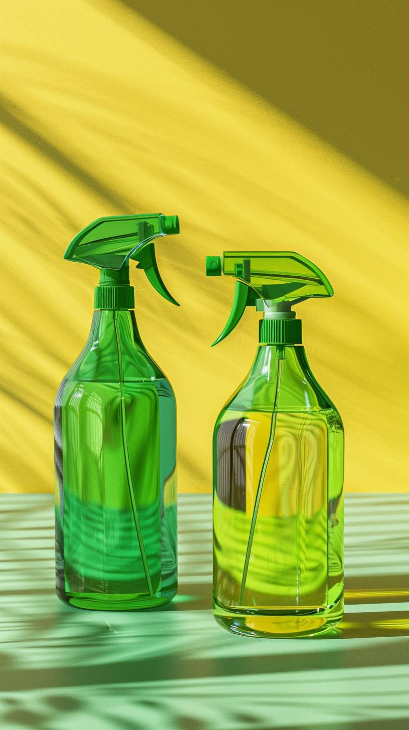 製品ページの消毒スプレーボトル製品ディスプレイ画像、超リアルな8K、緑と黄色のテーマ