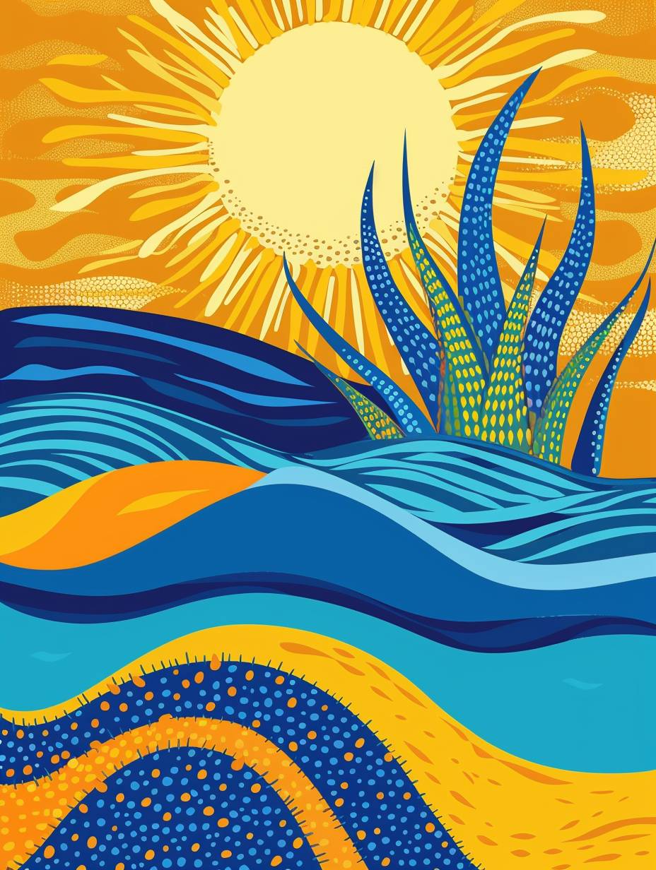 An abstract illustration representing a Sun, waves, aloe vera, in HENRI MATIISE style, yellow, blue, and orange colors --aspect ratio 3:4 --version 6.0