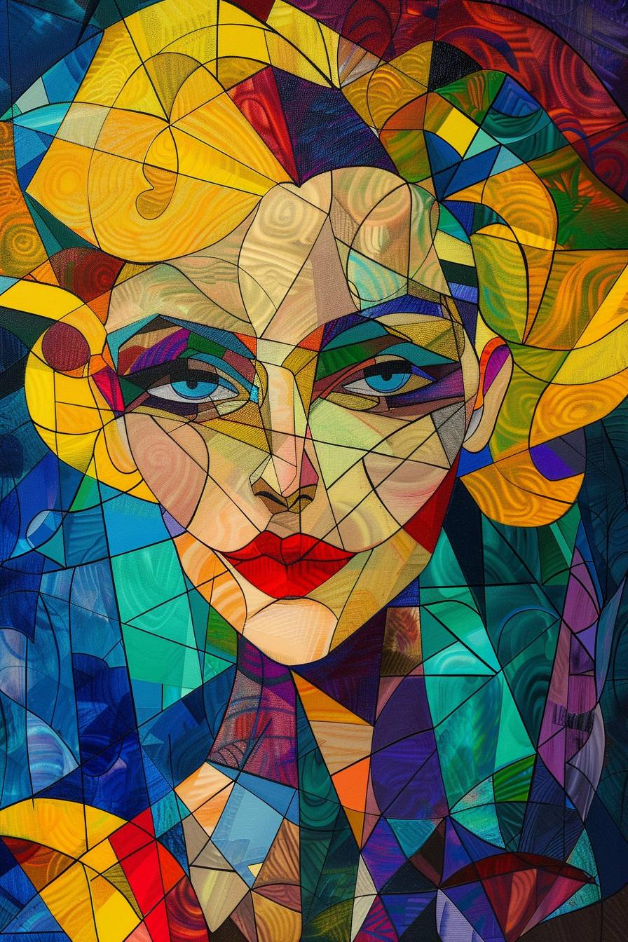 Cubism. A cubist abstract acrylic painting of singer Dolly Parton. 50 years old. Big blond hairstyle. Colorful cubist face. Art Deco colors. 1980s cubism. Fluorescent color background. In the style of Full Woman, Cubism Art Print by Atelier ArtesIA.