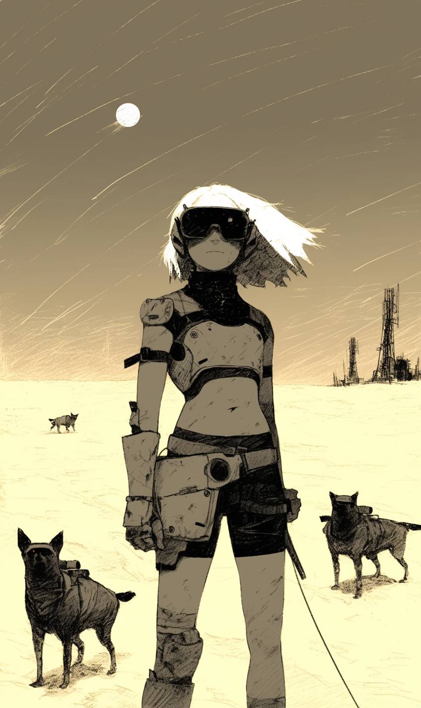 Recore's Joule Adams, with her robotic companions, presents a mix of sci-fi and adventure elements in a vast desert landscape