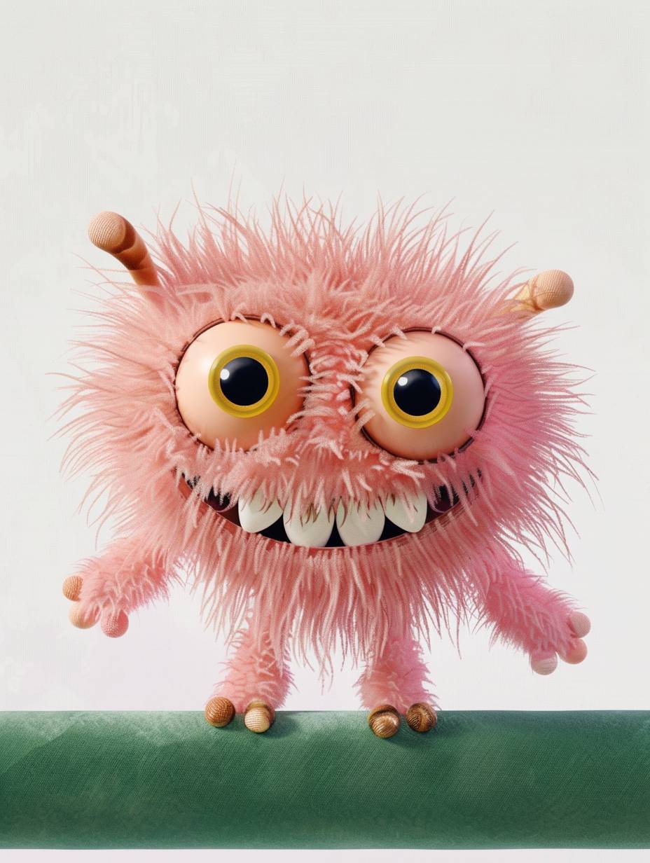 A cute pink furry monster with yellow eyes, standing on a green bar and smiling, in the style of David Hockney, on a white background, a simple flat illustration, with minimalism, pastel colors, soft light, a dreamy mood, vintage style, high resolution, high quality, high detail, with details, a soft focus, a studio photo shot, professional color grading.