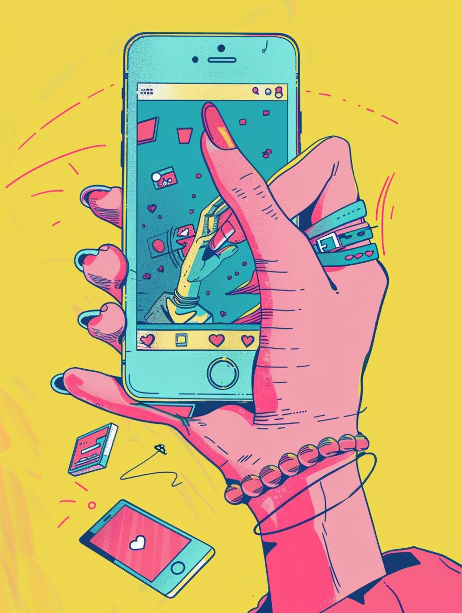 Show a female hand holding a phone and scrolling on social media in 2D illustration style.
