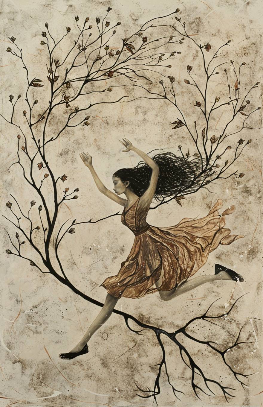 Painting of a woman dancing in a way that combines with the flower. The flower is very small in size, about one centimeter high, with only two or three branches growing on its stem. Each leaf grows straightly from that stem, and there's no other foliage around it.