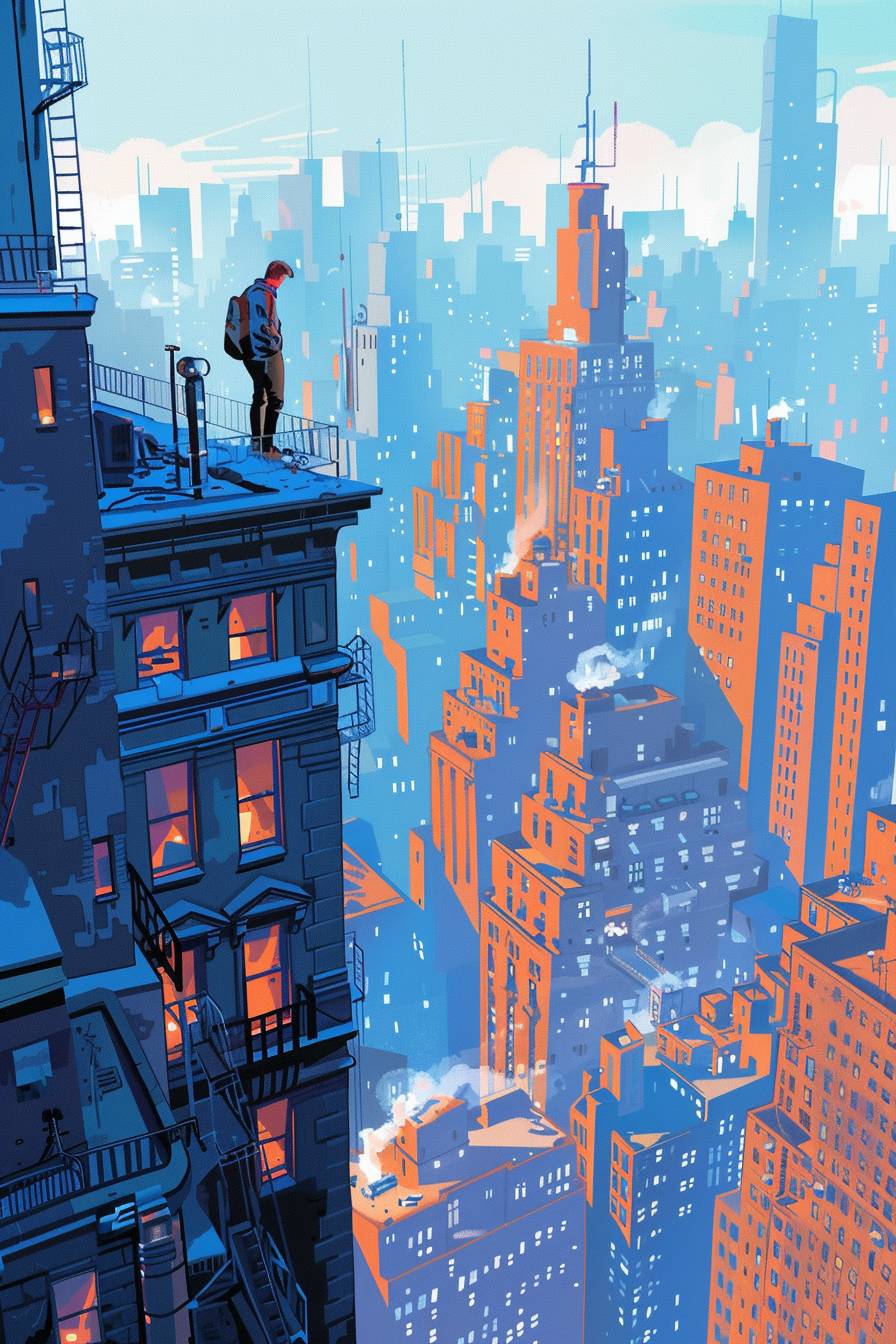 An illustration of a man on a high building watching the city, experiencing vertigo