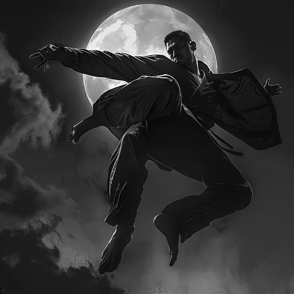 A black and white photorealistic martial artist performing a high kick, comic book art with pencil outlines, chiaroscuro portraitures, 2D game illustrations, hyperrealism, high contrast, wide shot, full body, deep focus, monochrome, digital painting, cinematic lighting, octane render.