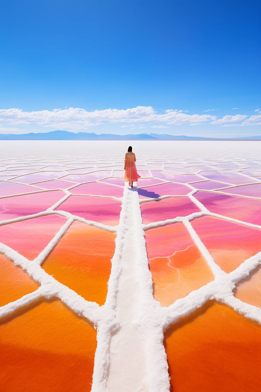 Visualize a large, reflective salt flat in Bolivia, where Graafland has created an intricate, geometric pattern using colored salt. In the center, a solitary figure stands, dressed in a flowing, brightly colored garment that blends with the artwork. This scene is shot with a Nikon Z7 II, capturing the vastness and the surreal quality of the artwork against the stark, white background