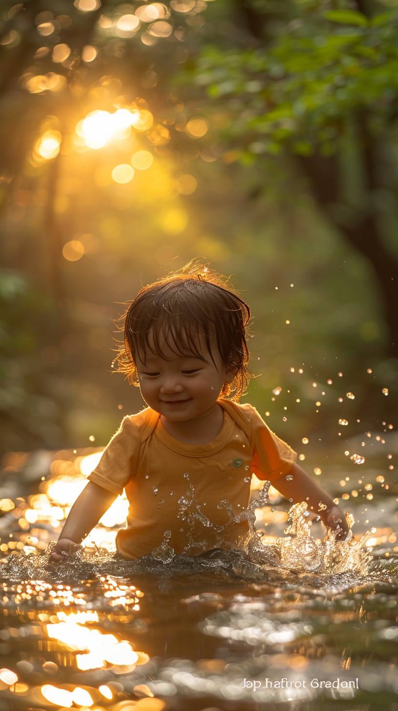 A cute Asian baby playing in a stream wearing a T-shirt and shorts