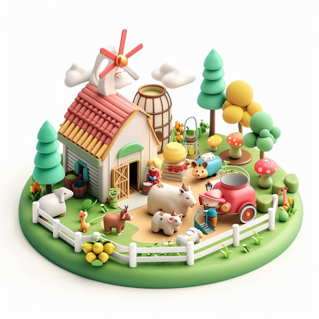 3D cartoon illustration of a toy farm with animals and farmers on a white background, featuring soft color tones and vibrant colors, cute simple minimalistic design with bright color tones and low contrast, isometric perspective, soft shadows, colorful style --v 6.0