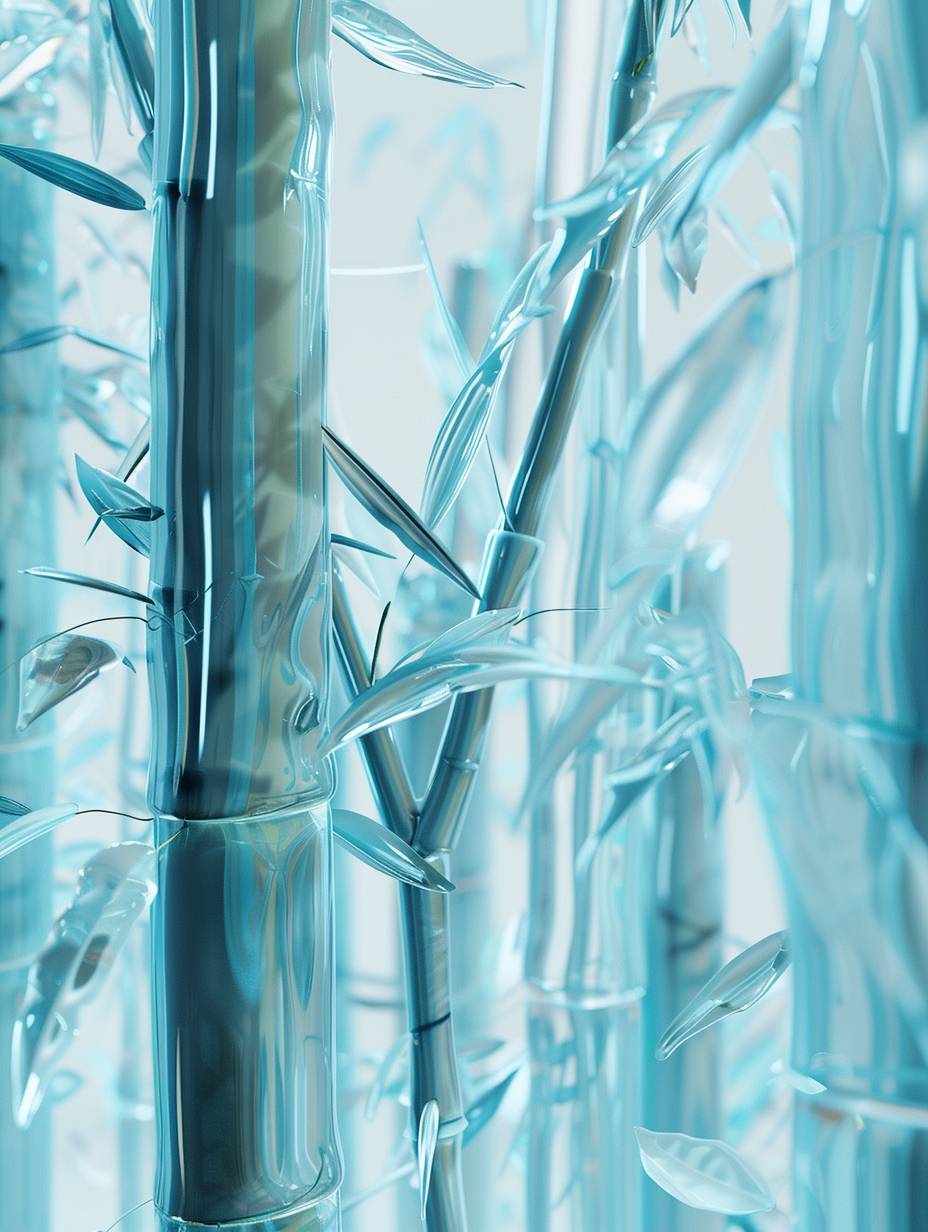 Minimalism illustration, 3D rendering, white background, extremely close-up shot, bold Chinese bamboos, glass texture, cyan, translucent-glass melt, gradient color, front view, high quality, super detail, 8k