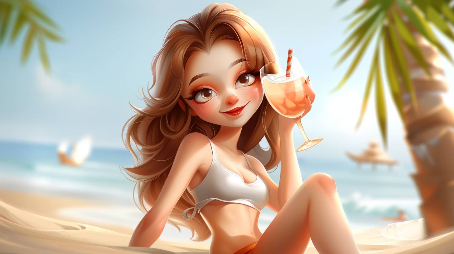 A girl alien is at the beach, wearing a tank top and shorts, drinking a cocktail, relaxed mood, anime style