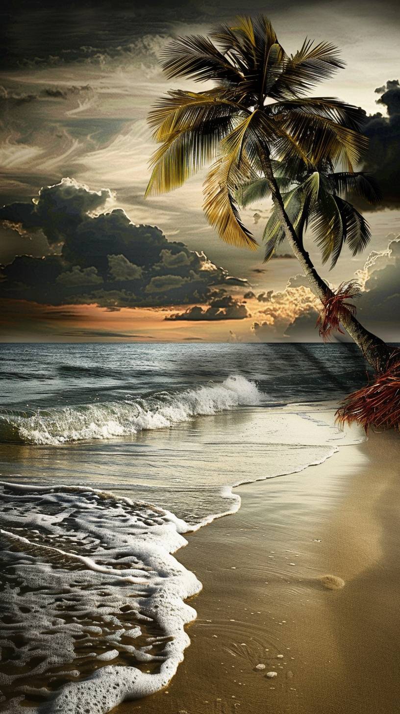 落ち着いた熱帯のビーチ、夕日に柔らかく揺れるヤシの木、穏やかな波、平和と静けさを感じさせる