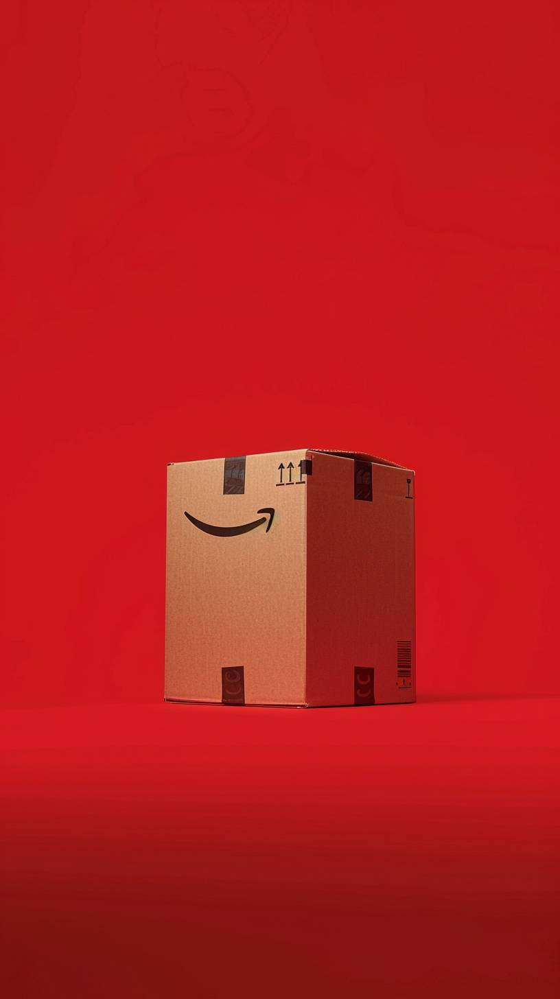 赤いサイクロラマ背景のAmazon配送ボックス。 赤のみ。 赤色シンプル。