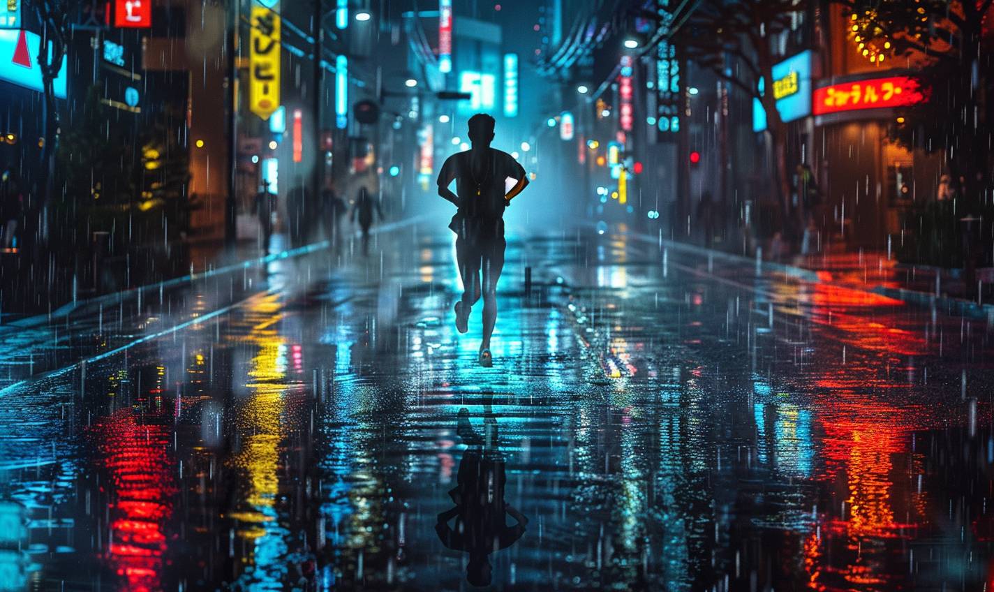 夜、雨にぬれた街を駆け抜ける男性。湿った舗道に反射するネオンライトが、彼の決意の表情を照らし出している。