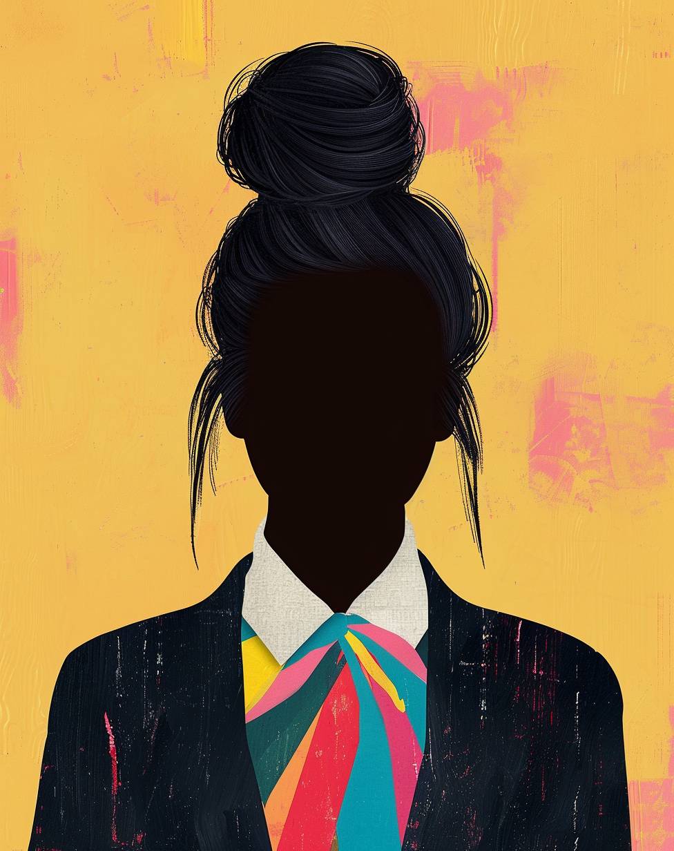 Faceless woman with a high ponytail and a colorful tie, solid background