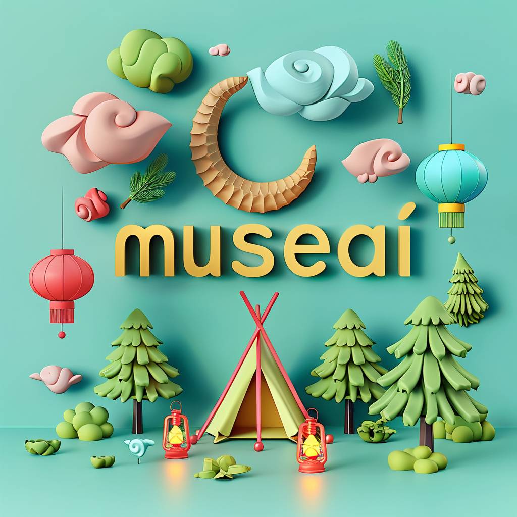 テント、ランタン、松の木で作られた「musesai」という3Dテキストは、ライトグリーンの背景に、鮮やかな色彩で、単純な形状に、カートゥーンのスタイルで表現され、平面デザインで、デジタルアートとして、明るいカラースキームで描かれています