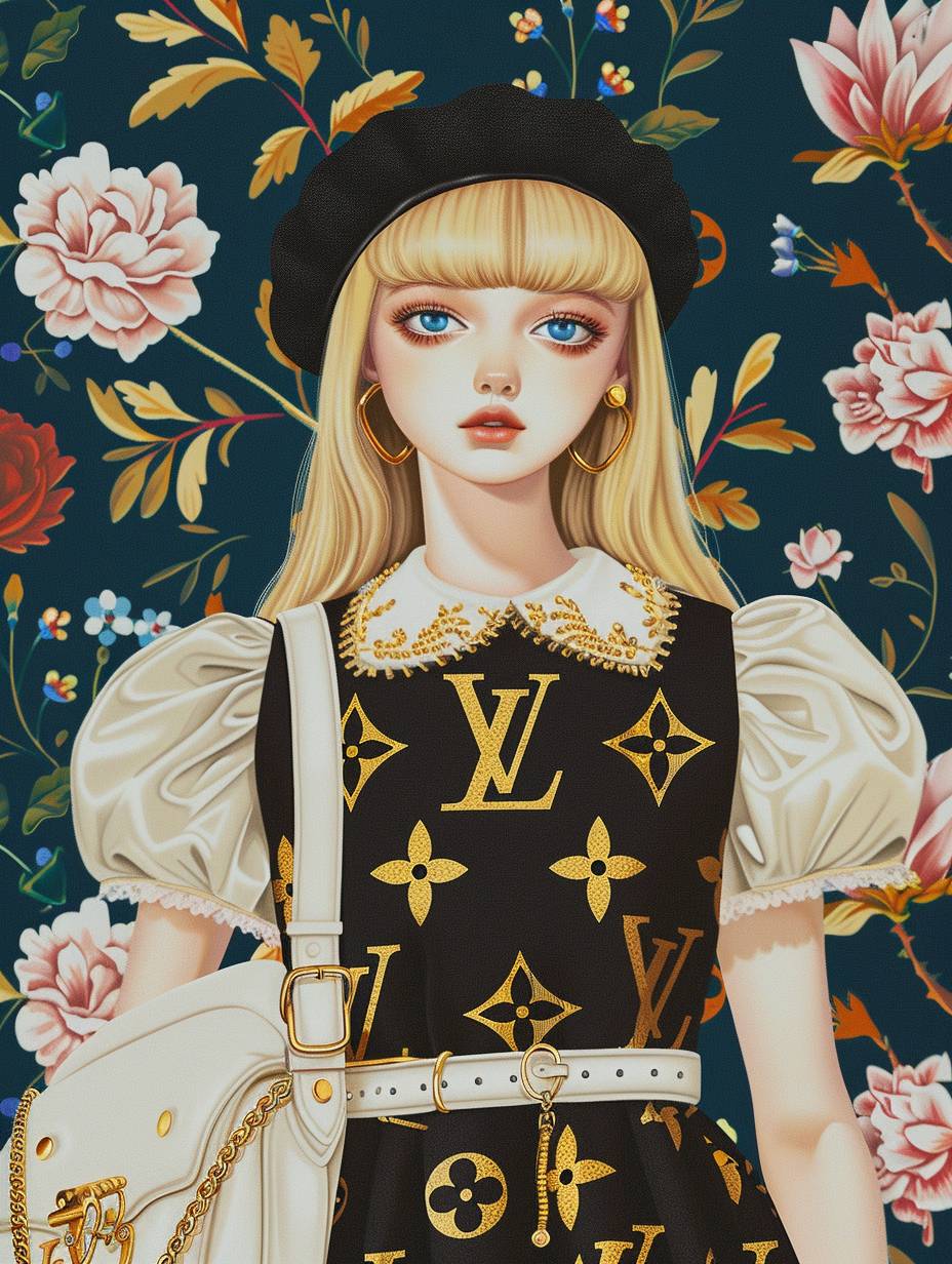 A beautiful blonde girl with blue eyes, wearing a black and gold Louis Vuitton monogram patterned beret hat, carrying a white handbag against a floral background in the style of Hikari Shimoda. The character design is inspired by anime with detailed facial features, colorful caricature, kawaii aesthetic, bold patterns, and typography in the style of Gucci.