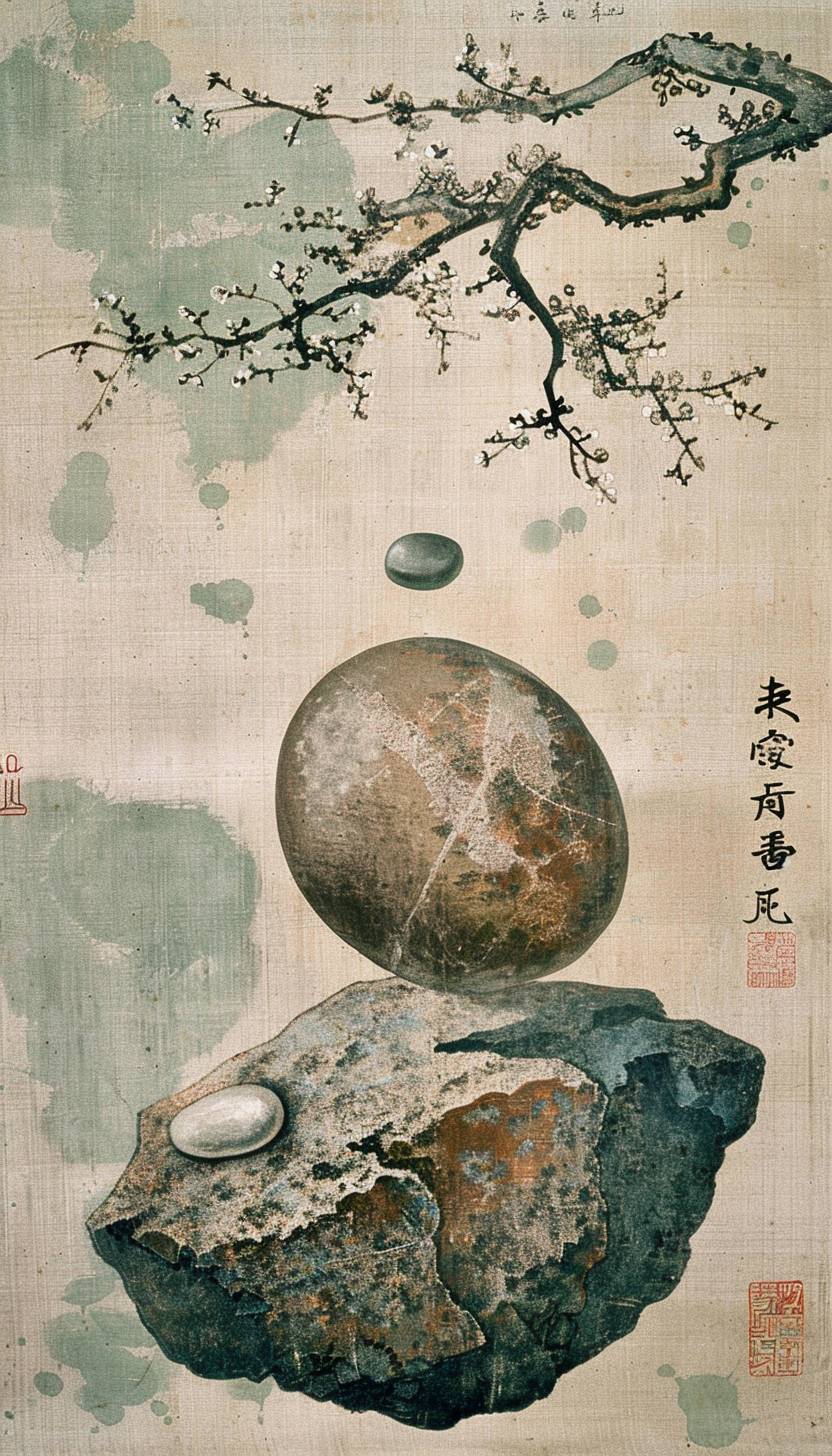 In the style of Katsushika Hokusai, mystic stones imbued with ancient power --ar 4:7 --v 6.0