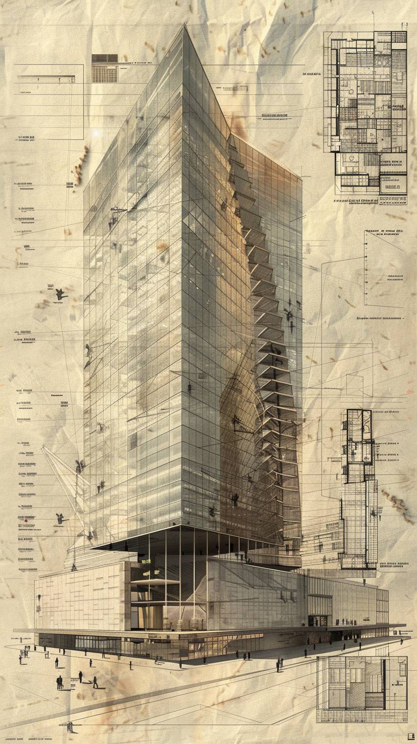 A modern skyscraper with vertical and horizontal louvers in geometric shape, the building should have a dynamic facade made of reflective glass, metal, and concrete elements to create a sense of movement and lightness. Include detailed architectural blueprints on the side featuring floor plans, section cuts, and an elevation view unveiling the building's complex geometry. Display sections and elevations with detailed architectural drawings on the right, showcasing construction lines illustrating the design. Envision a vibrant entrance scene with people in the foreground to provide a human scale to the grandeur of the architecture. The overall mood should convey a fusion of artistry and precise engineering.
