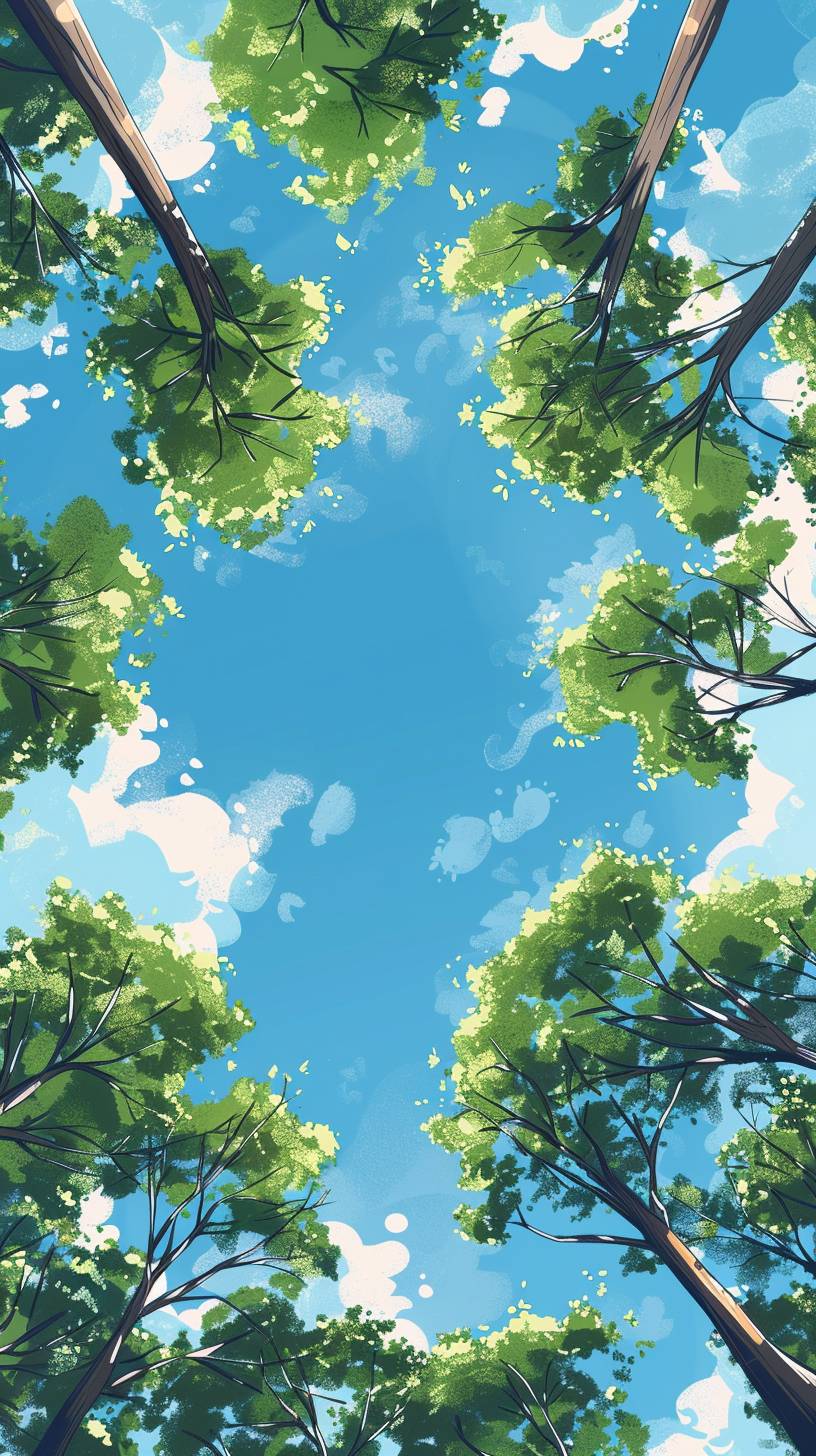 A sky view of trees with green leaves, in the style of a children's book illustration, with flat colors, taken with a wide-angle lens
