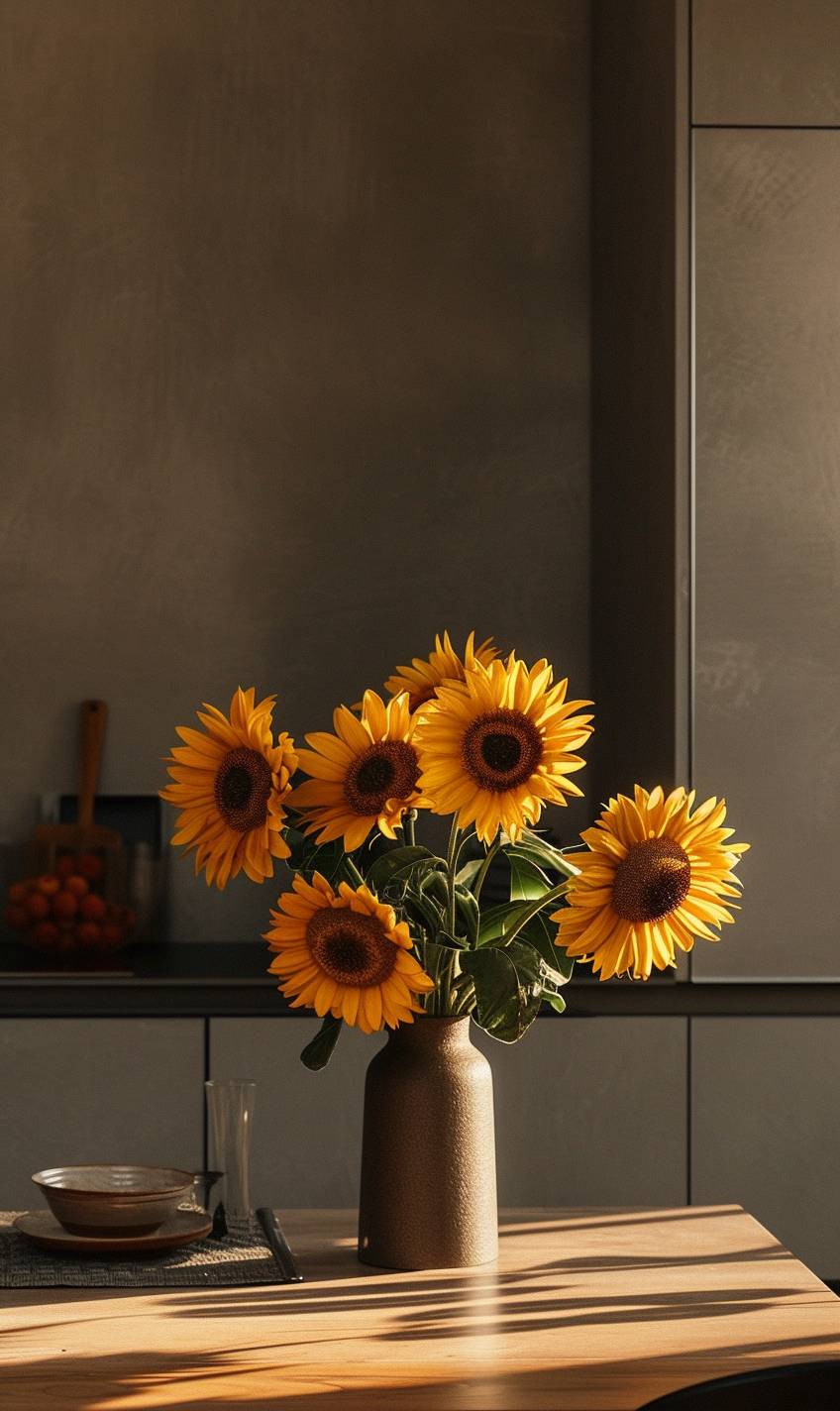 A photorealistic photo taken with a high quality camera of a beautiful still life arrangement featuring a bouquet of sunflowers in a vase on a table in a modern apartment.