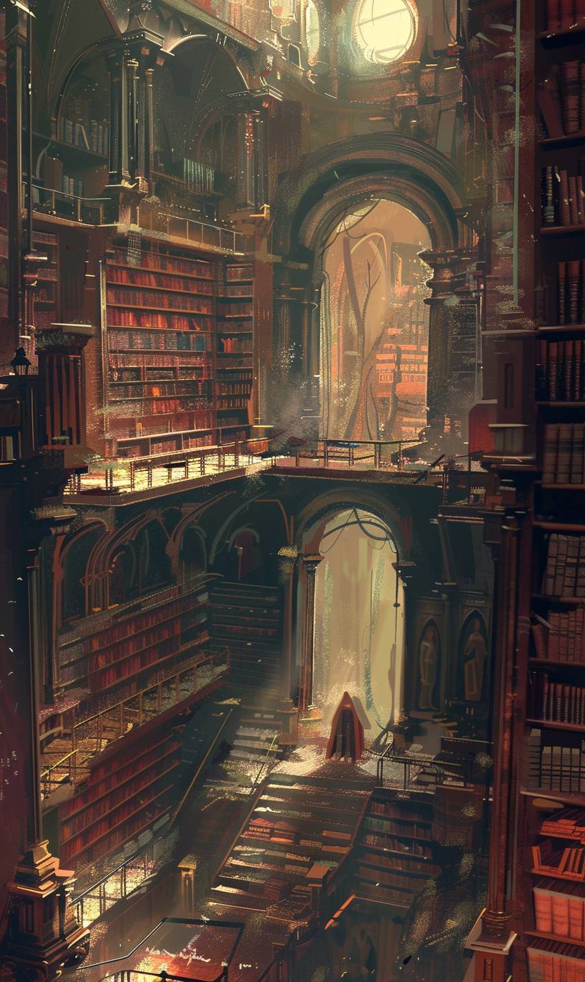 Sparthのスタイルのように、古代の書籍でいっぱいの魔法の図書館