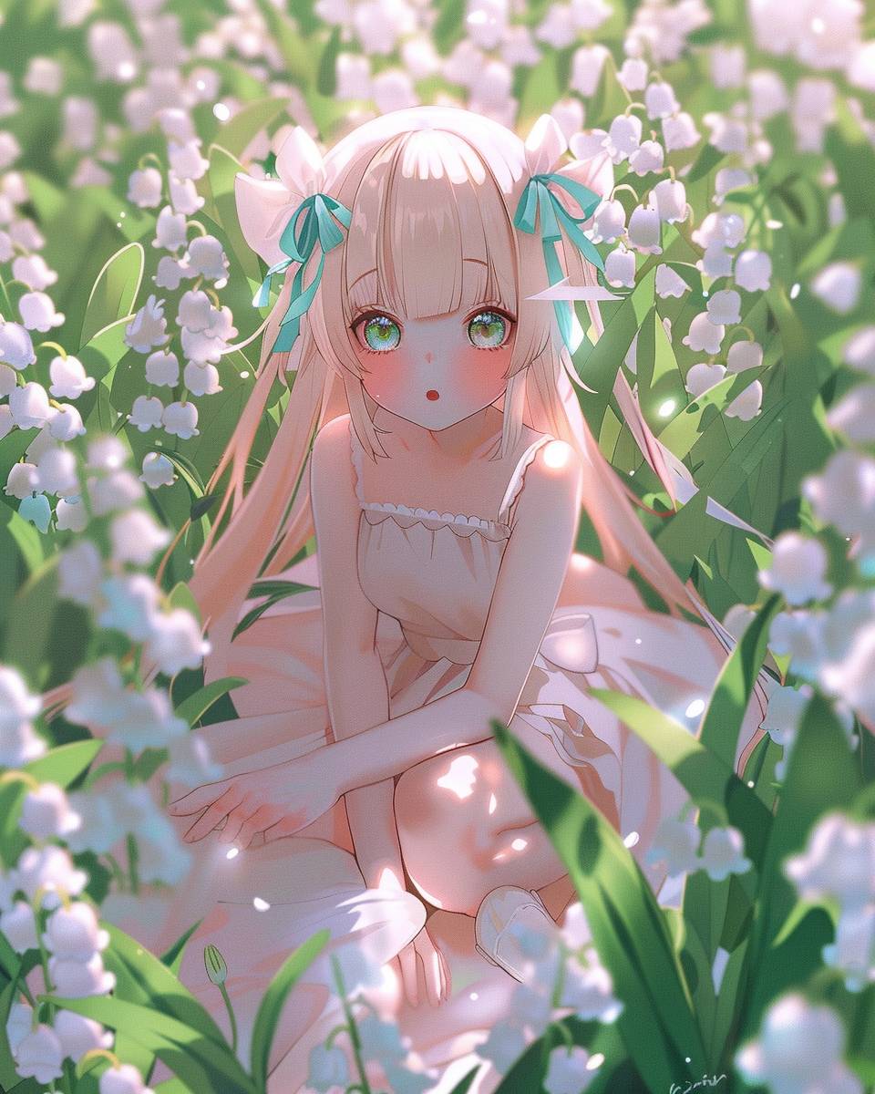 The painting is between anime and realism, featuring a cute anime girl with big eyes, glossy light pink plump lips, in a hand drawing style. She is wearing a white dress with a blue ribbon on her head, sitting in a lily of valley flower field surrounded by many blooming lily of the valley flowers. She has long hair with a slightly glowing pinkish green color. Presented in an anime style with pastel colors, soft lighting, and a dreamy atmosphere. The artwork is in high resolution, detailed illustration, line art, full body portrait, captured with a wide angle lens in natural light with soft focus.
