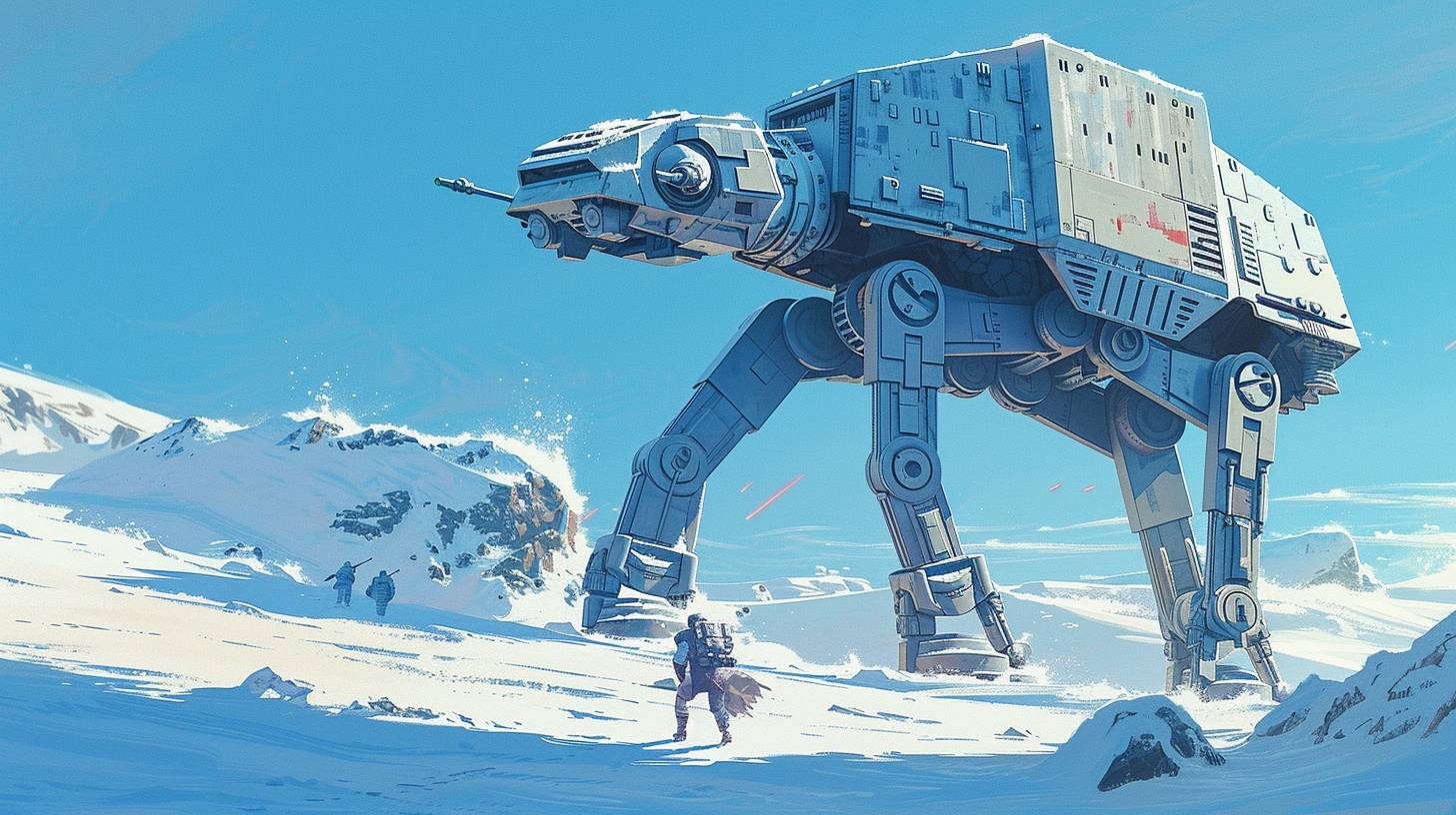 Line art with solid coloring of AT-AT on Hoth in the snow, dynamic action by Moebius and Syd Mead