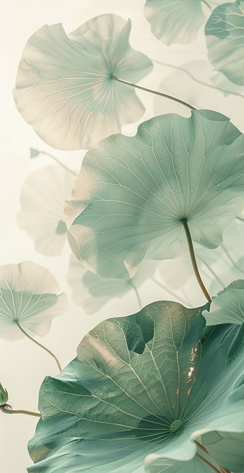 In the center of the picture is a lotus leaf, with several slender green leaves on both sides. The background color has a light white and gray gradient effect. It's very ethereal, with soft tones, and the lotus flower pattern forms a light green hue. High definition photography style, delicate details. White space at the top left corner. Soft lighting creates an atmosphere of tranquility and elegance in the style of Tobacco ID.